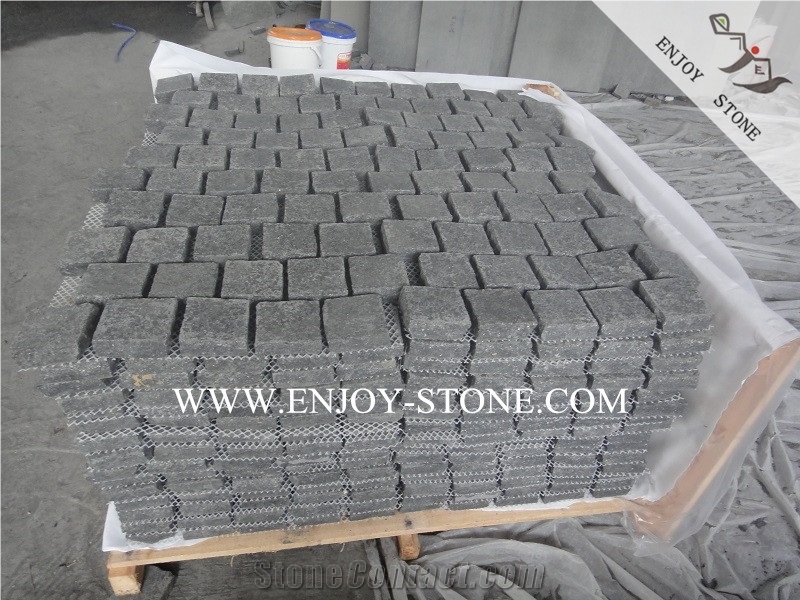 Meshed G684 Black Flamed Granite Cobble Stone,Flamed Surface&Natural Split Sides, Black Paving Sets on Mesh for Landscaping&Garden Decoration