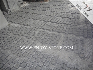 Meshed G684 Black Flamed Granite Cobble Stone,Flamed Surface&Natural Split Sides, Black Paving Sets on Mesh for Landscaping&Garden Decoration