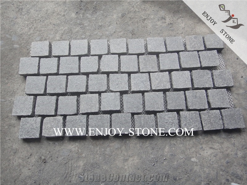 Meshed G684 Black Flamed Granite Cobble Stone,Flamed Surface&Natural Split Sides, Black Paving Sets on Mesh for Landscaping&Garden Decoration