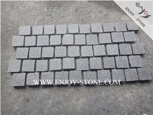 Meshed G684 Black Flamed Granite Cobble Stone,Flamed Surface&Natural Split Sides, Black Paving Sets on Mesh for Landscaping&Garden Decoration