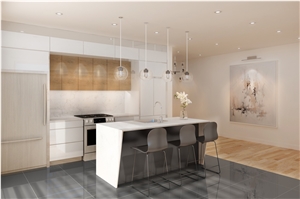 D5111 Statuario Nuvo Quartz Stone Kitchen Countertops with Waterfall and Kitchen Island Bar Top with Mitred End Panels
