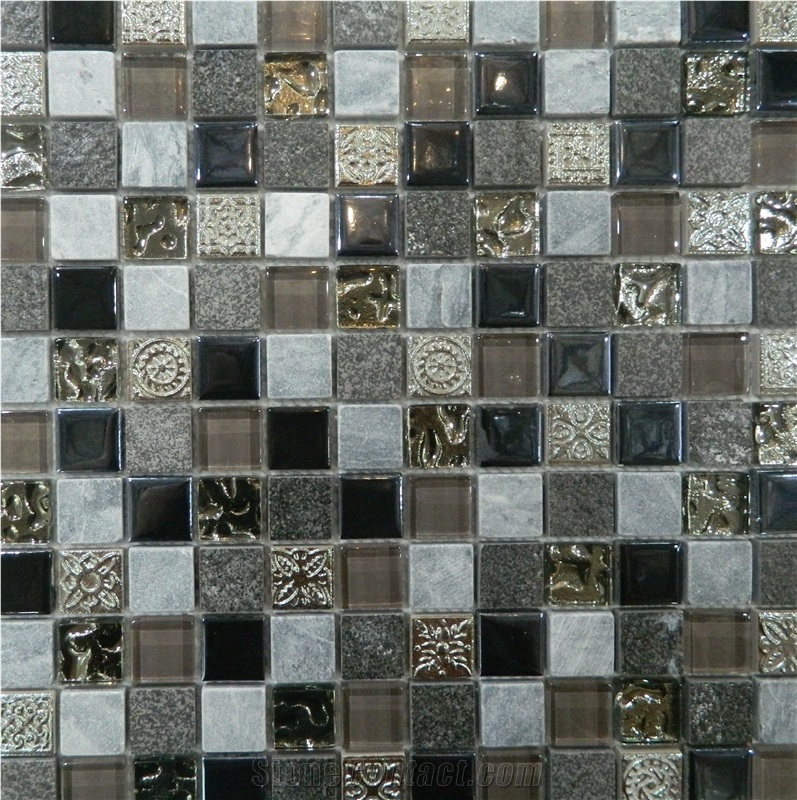 Aluminum Backed and Laminated Bathroom Wall Mosaics , Manmade Stone Resin Composited Mosaic Pattern , Glass Chipped Floor Mosaic - Owned Factory