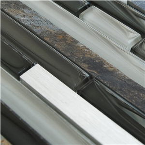 China Natural Slate and White Stone with Pure White Glass Bar Mosaic Tile Patterns -High Quality ,Owned Factory