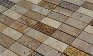 Golden Beige Marble Travertine Natural Stone Floor and Wall Laminated Mosaic Tile Pattern - Owned Factory