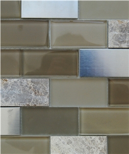 Light Grey Marble and Brown Glass ,Aluminum Metal Mosaic Floor and Wall Tile Patterns-Owned Factory -High Quality