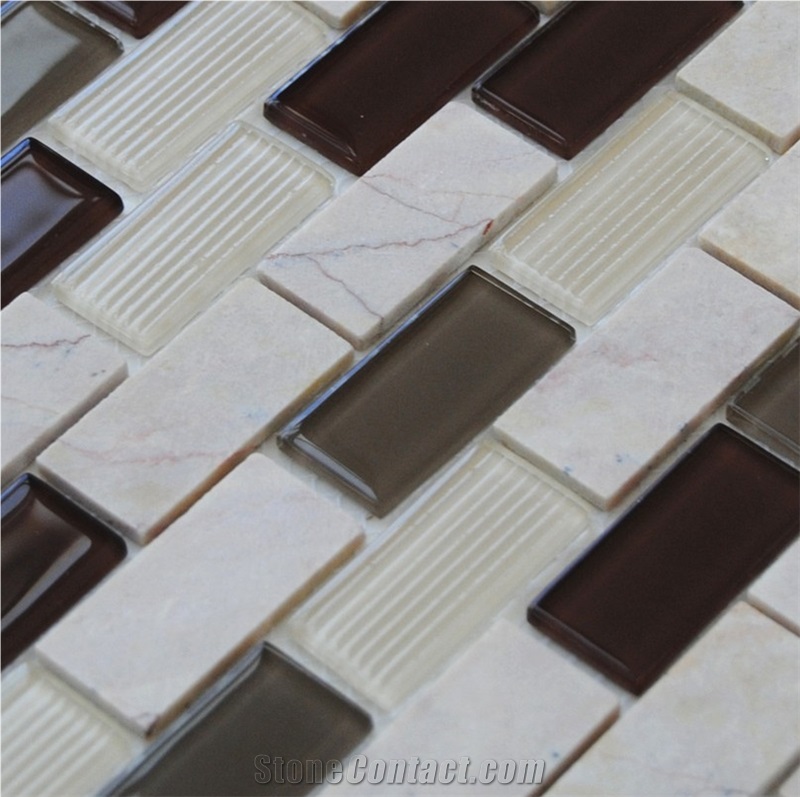 Natural Beige Marble Stone with Dark and White Glass Chip Mixed Mosaic Tile Patterns -Xiamen Terry Stone Co.,Ltd