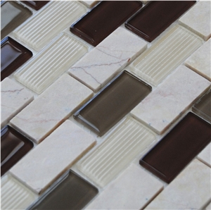 Natural Beige Marble Stone with Dark and White Glass Chip Mixed Mosaic Tile Patterns -Xiamen Terry Stone Co.,Ltd