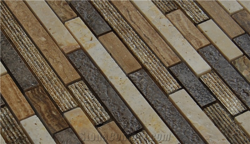 Natural Beige Travertine Marble Stone and Dark Grey Ceramic Mosaic ,Laminated Wall and Floor Backed Mosaic -Owned Factory