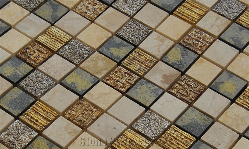 Natural Polished Marble Stone Sunny Beige Mosaic - Resin and Ceramic Wall and Floor Mosaic -For Luxury Hotel Commercial Project Use