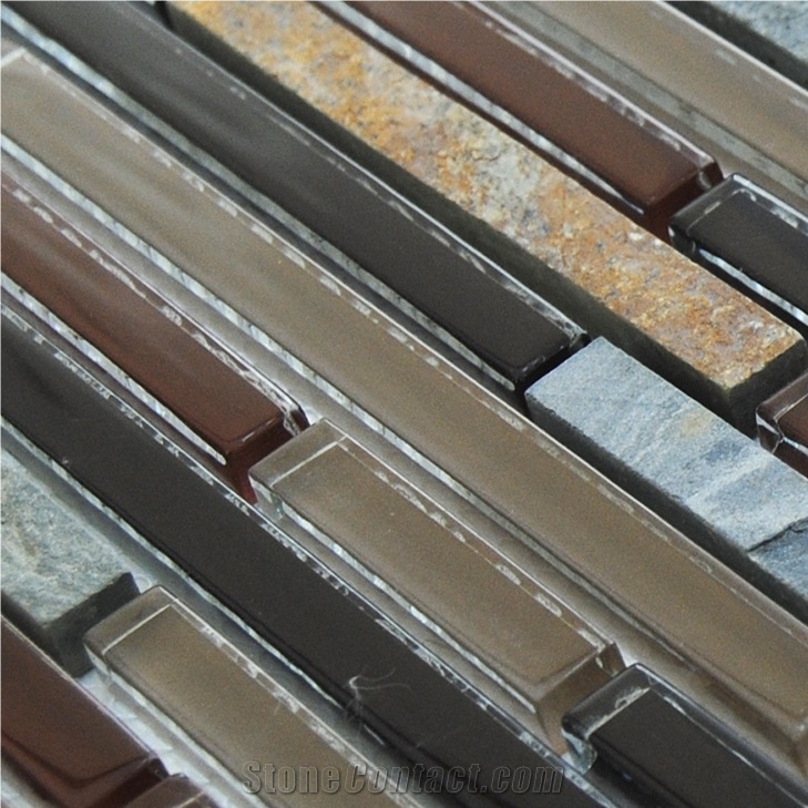 Natural Rustic Slate and Pure Glass Bar Mosaic Tile Pattern for Floor and Wall -Luxury Bathroom Commercial Project - Owned Factory