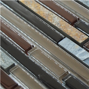 Natural Rustic Slate and Pure Glass Bar Mosaic Tile Pattern for Floor and Wall -Luxury Bathroom Commercial Project - Owned Factory
