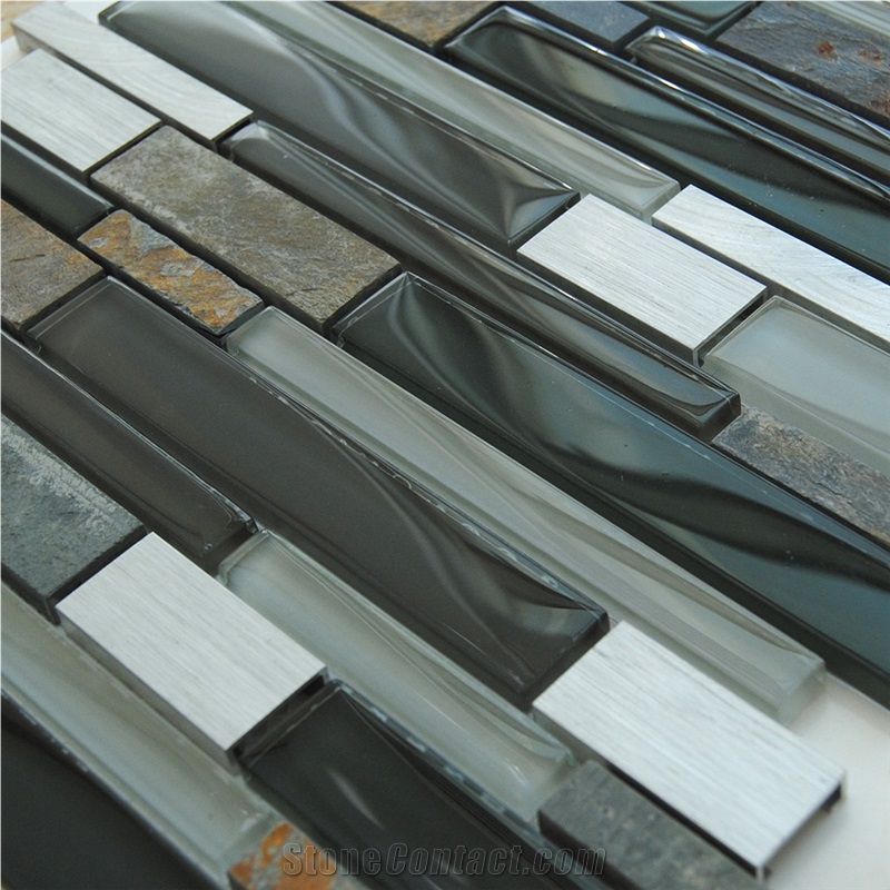 Natural Split Rustic Slate and Aluminum Backed Metal Mosaic Tiles Patterns ,Black Glass Laminated Mosaic -High Quality,Owned Factory