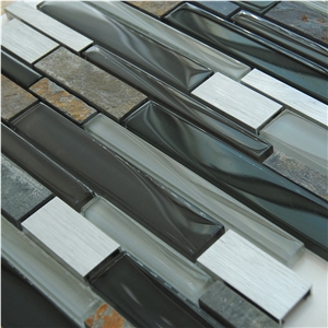 Natural Split Rustic Slate and Aluminum Backed Metal Mosaic Tiles Patterns ,Black Glass Laminated Mosaic -High Quality,Owned Factory