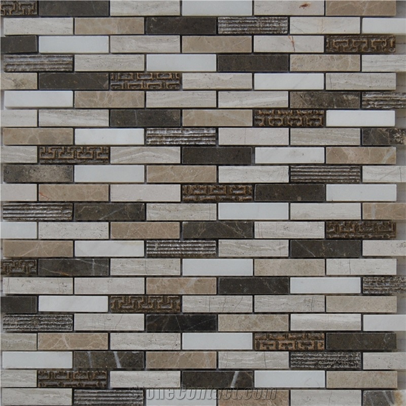 Polished Natural Marble Stone Mosaic Tile -Light Emperador and Dark Grey ,Ceramic Mosaic ,Bar Shape Wall and Floor Mosaic Tile Pattern