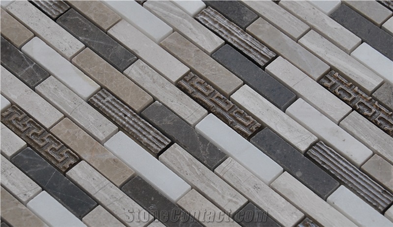 Polished Natural Marble Stone Mosaic Tile -Light Emperador and Dark Grey ,Ceramic Mosaic ,Bar Shape Wall and Floor Mosaic Tile Pattern