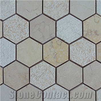 Polished Natural Marble Stone Wall and Floor Mosaics-Sunny Beige and Rossa Red Marble Hexagon Mosaic Tile Patterns for Luxury Hotel Bathroom Decor