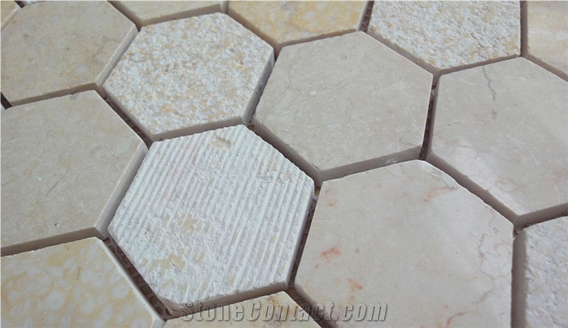 Polished Natural Marble Stone Wall and Floor Mosaics-Sunny Beige and Rossa Red Marble Hexagon Mosaic Tile Patterns for Luxury Hotel Bathroom Decor
