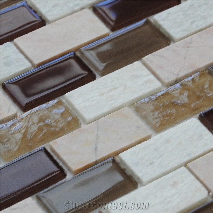 Spain Polished Chipped Crema Marfil and White Quartzite Mosaic , Brown Pure Glass with Stone Mixed Mosaic Tiles Patterns -Xiamen Terry Stone
