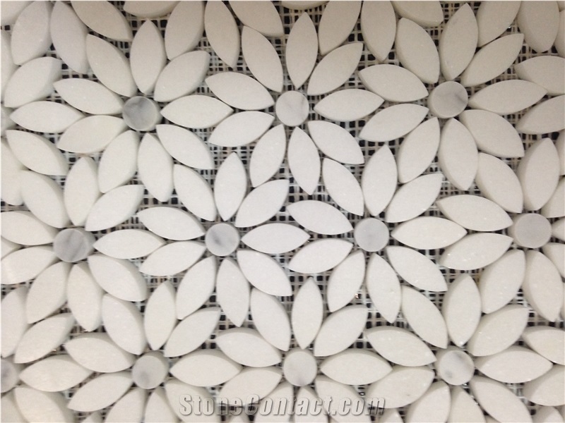 White Marble Stone Mosaic, Greece Crystal White Marble with Italy Carrara Grey Marble Mosaic Tile Design, Flower Design Natural Stone Mosaic on Sales from China Factory