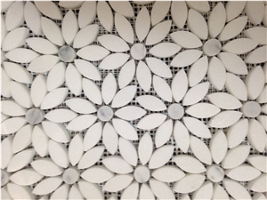 White Marble Stone Mosaic, Greece Crystal White Marble with Italy Carrara Grey Marble Mosaic Tile Design, Flower Design Natural Stone Mosaic on Sales from China Factory