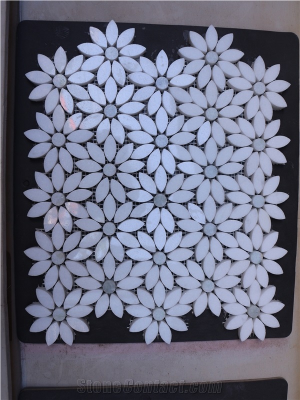 White Marble Stone Mosaic, Greece Crystal White Marble with Italy Carrara Grey Marble Mosaic Tile Design, Flower Design Natural Stone Mosaic on Sales from China Factory
