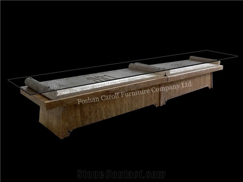 Glass Top Travertine Long Tv Table