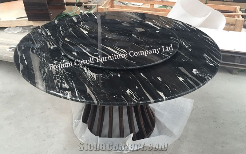 High Quality Iran Black Marble Top Wood Base Round Dining Table