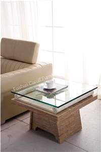 Italian White Travertine Stone Base Glass End Table