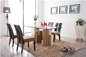 Luxury Beige Travertine with Glass on Top Dining Table for Dining Room