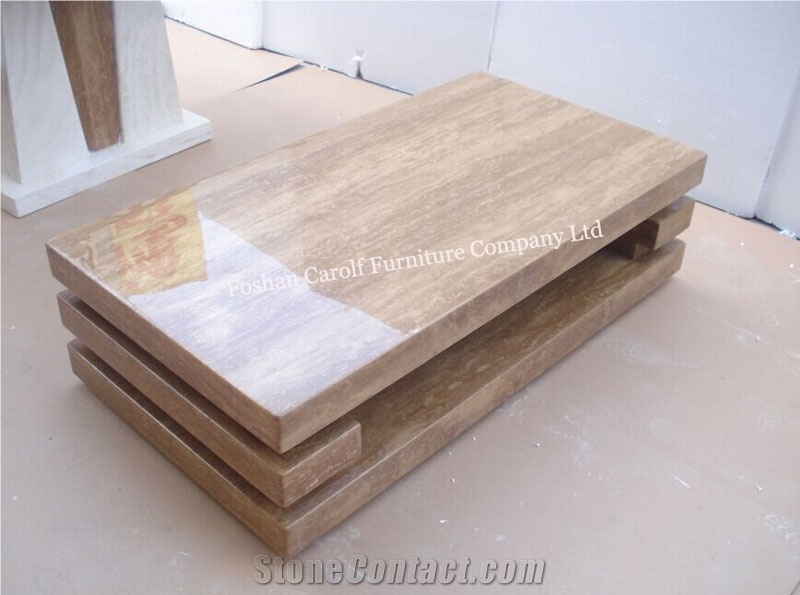 Luxury Living Room Beige Travertine Tea Table, 2 Pieces