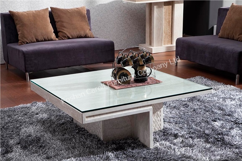 Modern Design Bent Glass Travertine Base Center Table