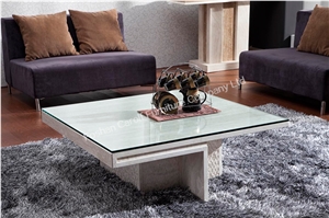 Modern Design Bent Glass Travertine Base Center Table