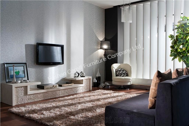 Modern Living Room Natural Marble Tv Unit, 2 Pieces