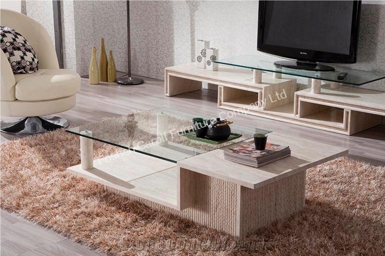 Modern Travertine Base Glass Top Coffee Table Hot Sale