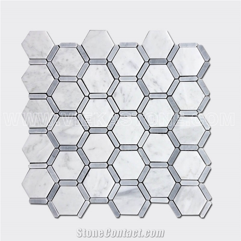 Bianco Carrara White Hexagon Bardiglio Strip Marble Mosaic Tile Honeycomb Polished for Interiro Kitchen, Bathroom, Backsplash Wall Floor Covering