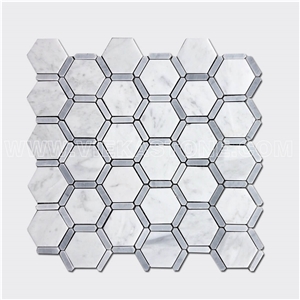 Bianco Carrara White Hexagon Bardiglio Strip Marble Mosaic Tile Honeycomb Polished for Interiro Kitchen, Bathroom, Backsplash Wall Floor Covering
