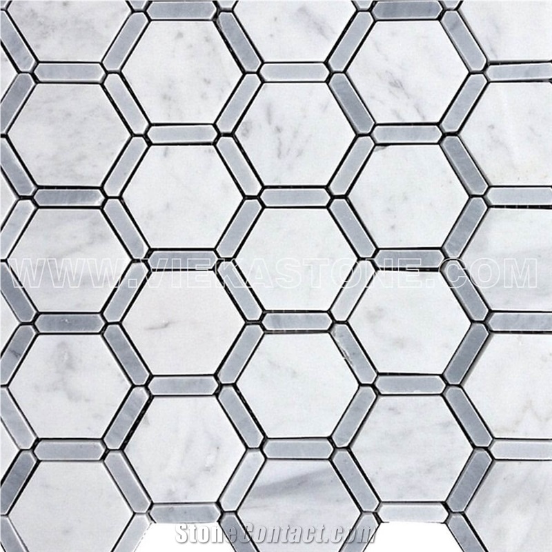 Bianco Carrara White Hexagon Bardiglio Strip Marble Mosaic Tile Honeycomb Polished for Interiro Kitchen, Bathroom, Backsplash Wall Floor Covering