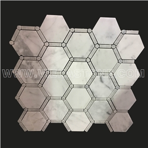 Bianco Carrara White Hexagon Bardiglio Strip Marble Mosaic Tile Honeycomb Polished for Interiro Kitchen, Bathroom, Backsplash Wall Floor Covering