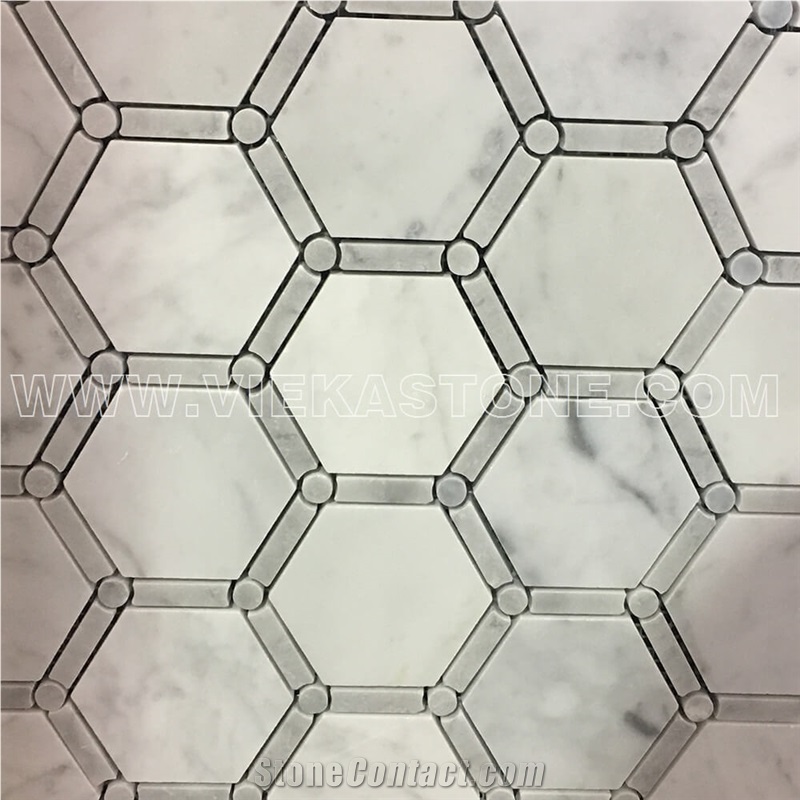Bianco Carrara White Hexagon Bardiglio Strip Marble Mosaic Tile Honeycomb Polished for Interiro Kitchen, Bathroom, Backsplash Wall Floor Covering