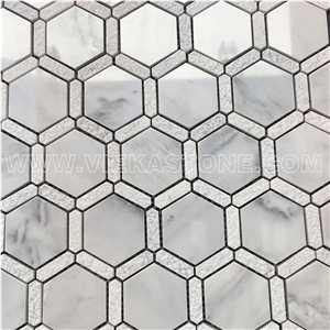 Bianco Carrara White Hexagon Bardiglio Strip Marble Mosaic Tile Sandblasted for Interiro Kitchen, Bathroom, Backsplash Wall Floor Covering