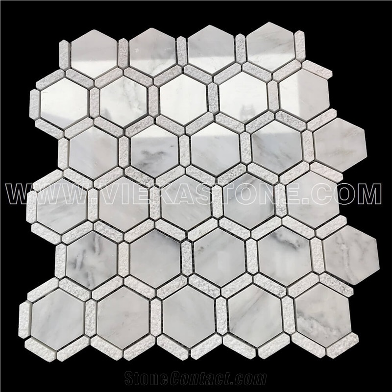 Bianco Carrara White Hexagon Bardiglio Strip Marble Mosaic Tile Sandblasted for Interiro Kitchen, Bathroom, Backsplash Wall Floor Covering