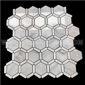 Bianco Carrara White Hexagon Bardiglio Strip Marble Mosaic Tile Sandblasted for Interiro Kitchen, Bathroom, Backsplash Wall Floor Covering