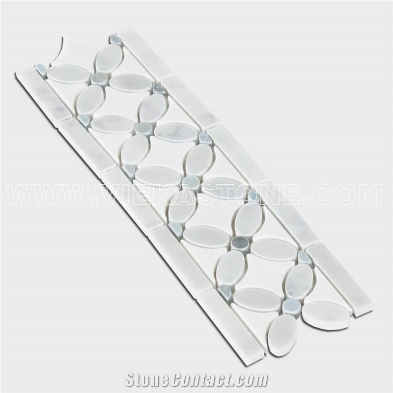 Bianco Carrara White Marble Mosaic Tile Flower Border Liner Grey Oral and Round Dot