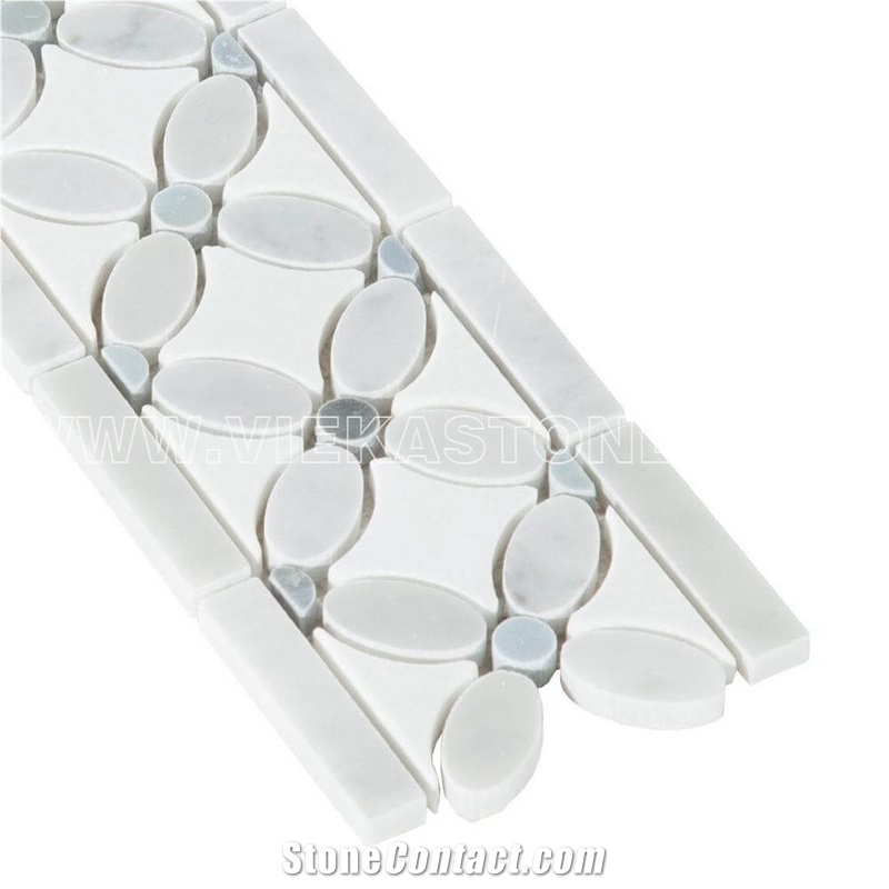 Bianco Carrara White Marble Mosaic Tile Flower Border Liner Grey Oral and Round Dot