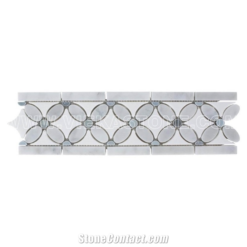 Bianco Carrara White Marble Mosaic Tile Flower Border Liner Grey Oral and Round Dot
