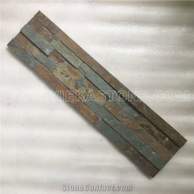 China Manufacturer Rusty Multicolor Slate Natural Culture Stone Stacked Ledger Tile Wall Cladding Panel 35x18cm Split Face Rock Landscaping