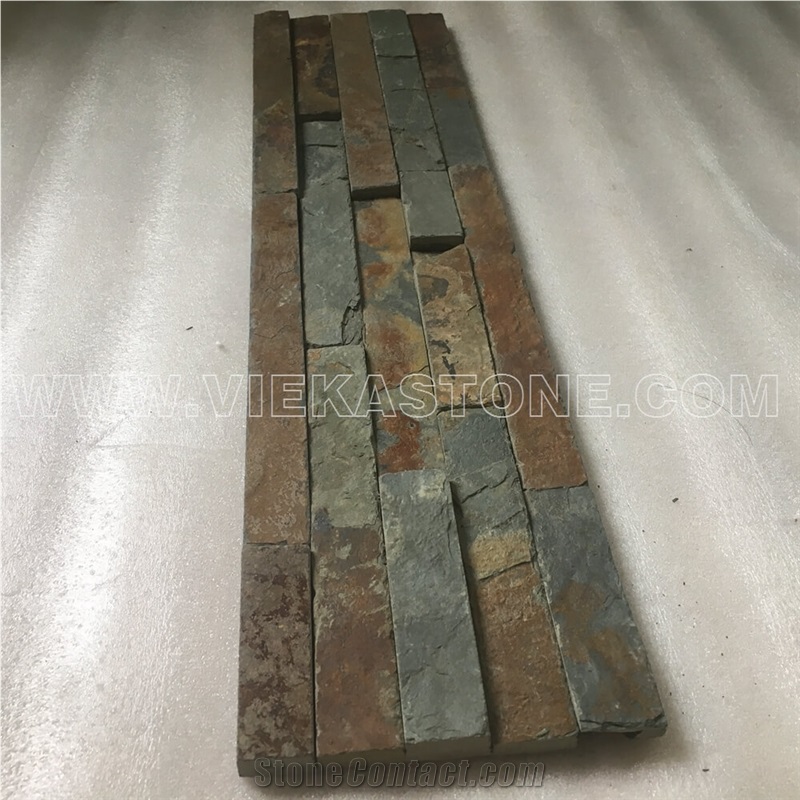 China Manufacturer Rusty Multicolor Slate Natural Culture Stone Stacked Ledger Tile Wall Cladding Panel 35x18cm Split Face Rock Landscaping