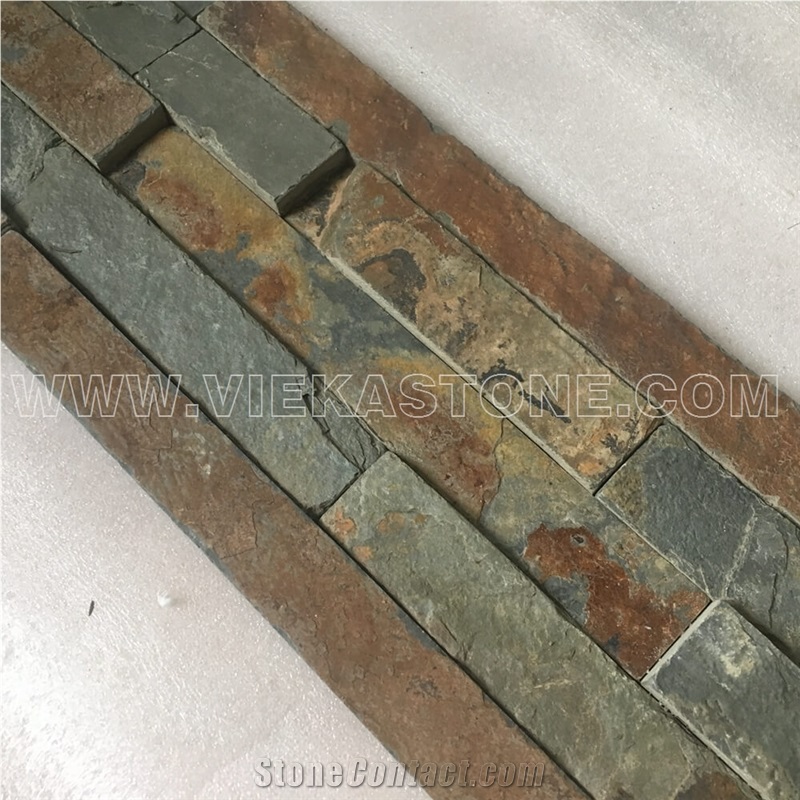 China Manufacturer Rusty Multicolor Slate Natural Culture Stone Stacked Ledger Tile Wall Cladding Panel 35x18cm Split Face Rock Landscaping