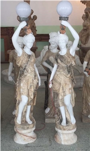 Hand Carved Lady Statues with Lamp, White Marble Statues