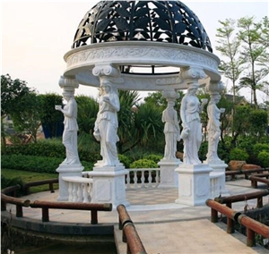 Outdoor Ornamental Natural Stone Gazebo with Metal Roof, White Marble Gazebo for Sale